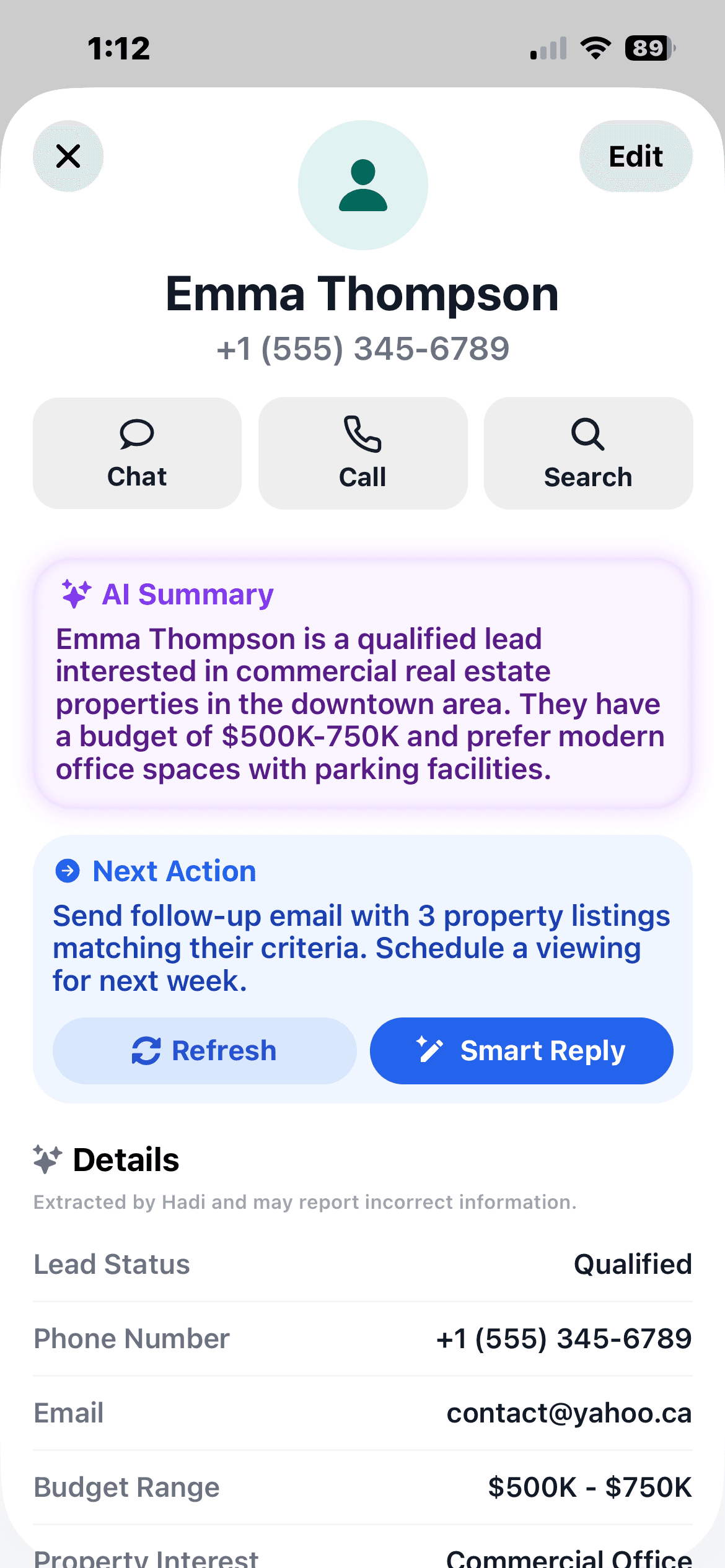 Chat view showing AI-powered context with property details and smart media selection panel