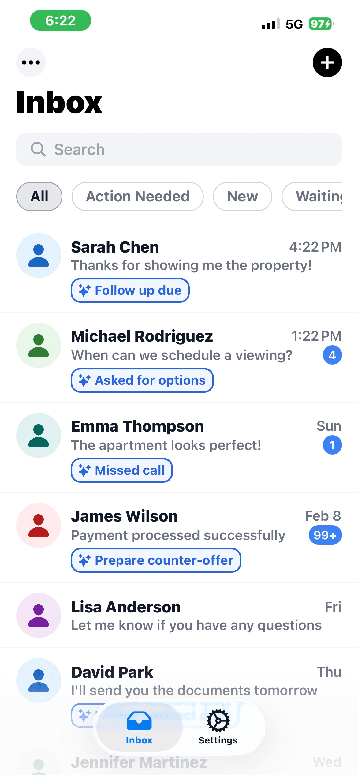 Hadi Smart Inbox showing conversations filtered by status with AI-generated context tags