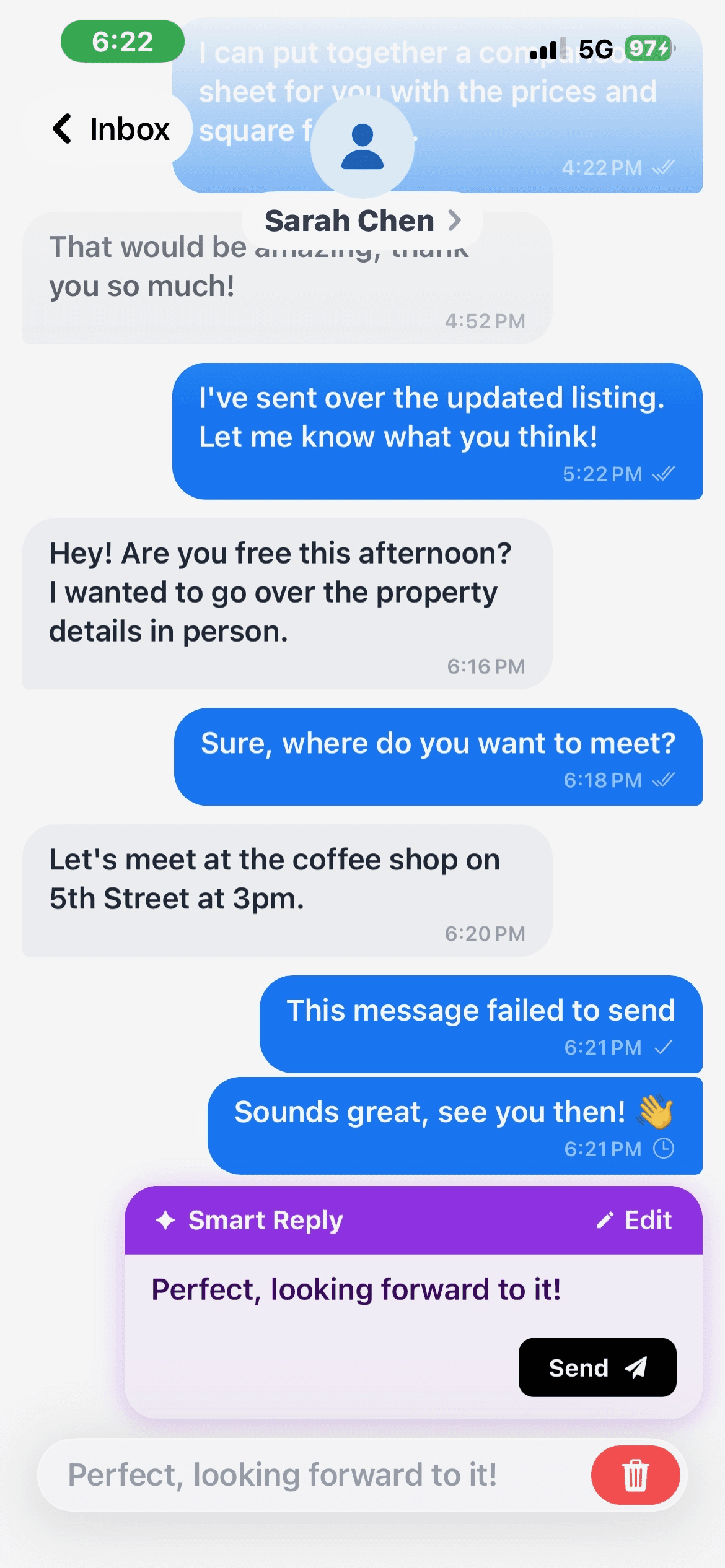 Smart Reply interface showing AI-generated response suggestion with edit and send options